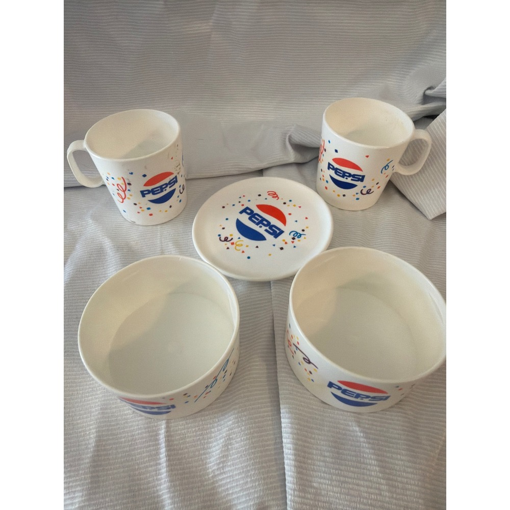 Vintage Pepsi Plastic Dinnerware Set 5pc Foley Globe Confetti Mugs Bowls Plate
